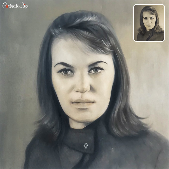 A black and white picture of a woman that is created into acrylic vintage portraits